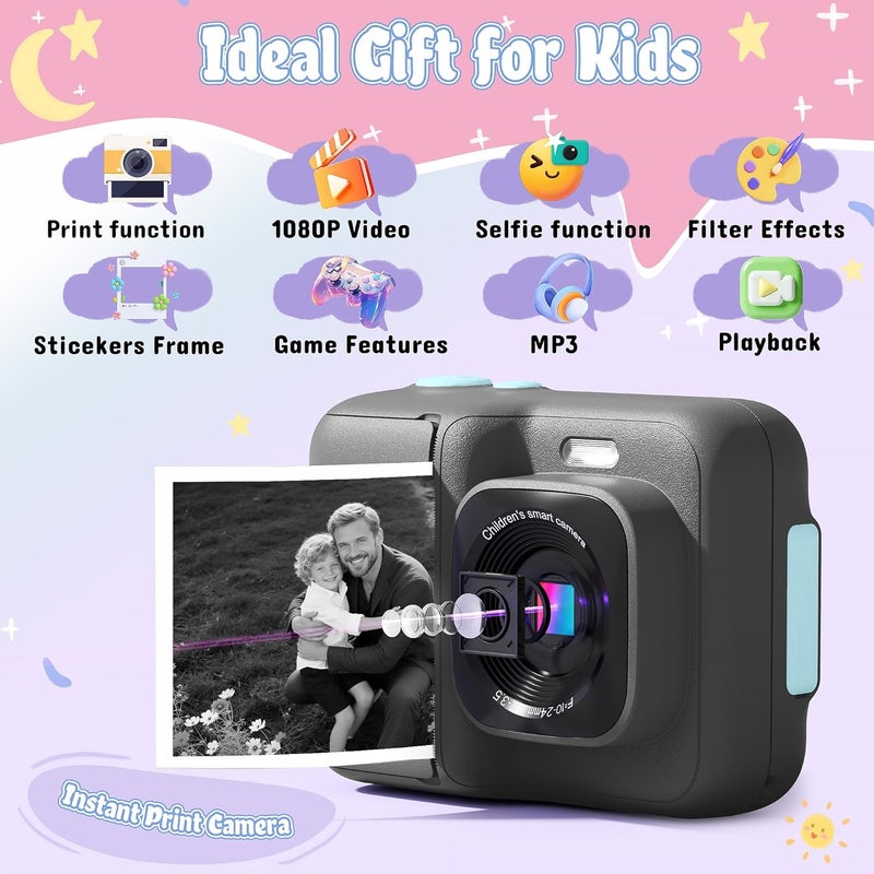 ETIKEZ Kids Camera, 1080P Instant Digital Print Camera for Kids, Christmas Birthday Gifts for 4 5 6 7 8 9 10 Year Old Girls Boys, Portable Toy with 32GB SD Card & 3 Rolls Printing Paper, Black - Image 2